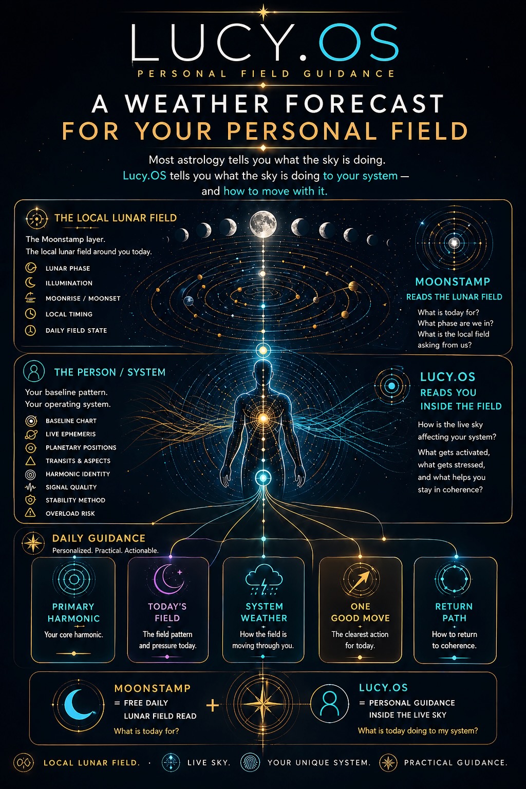 Lucy.OS preview graphic explaining Moonstamp and personal field guidance